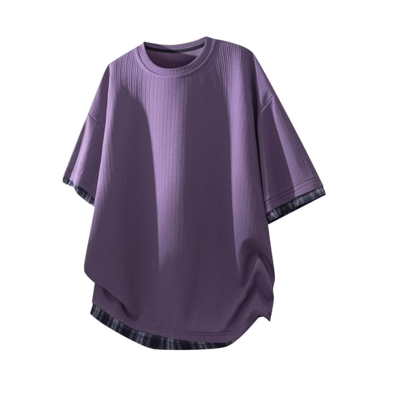 Dagegui Men's Short Sleeve Drop Shoulder T Shirt Purple Casual Loose Fit Tee Tops Plaid Patchwork Crewneck Pullover Shirts M