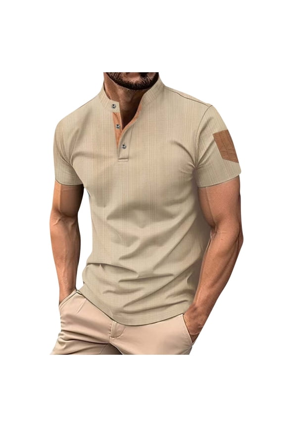 Men's Short Sleeve Henley Shirts Linen Button Down Tee Summer Slim Fit Workout Muscle Tops Lightweight T-Shirts Khaki XXL