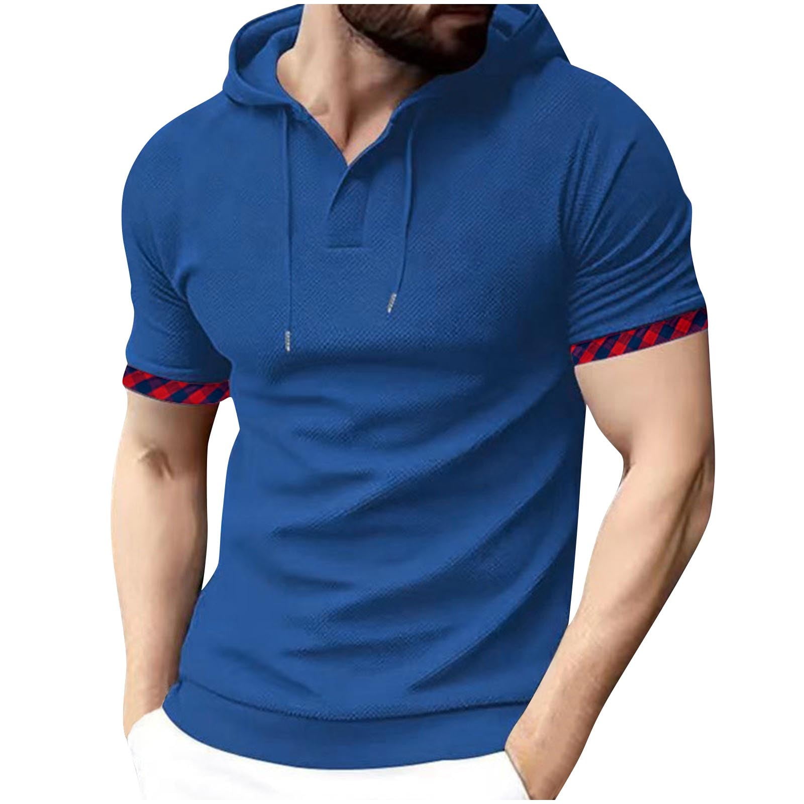 Dagegui Men's Short Sleeve Hoodie Blue Casual Waffle Hooded Pullover ...