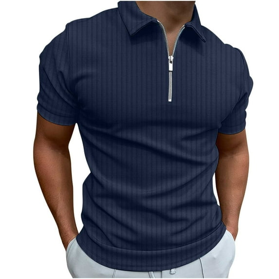 Dagegui Men's Short Sleeve Shirt 1/4 Zip Up Business Casual Tops Ribbed Workout Tee Shirts Solid Color Golf Pullover Tshirt Blouse Dark Blue,L