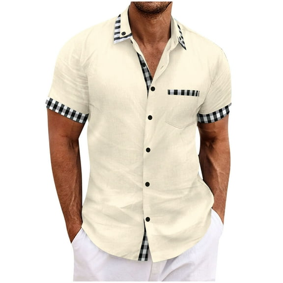 Dagegui Men's Short Sleeve Shirts Linen Button Down T-Shirt Summer Beach Wedding Shirt with Chest Pocket Casual Tops Khaki L