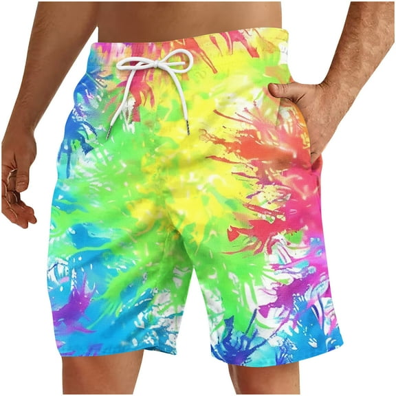 Dagegui Men's Shorts Colorful Tie-Dye Printed Casual Loose Fit Shorts Drawstring Elastic Waisted Beach Shorts Big and Tall Summer Lounge Shorts with Pockets 2025 Clearance 03#Multicolor L