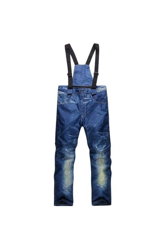 Men's Ski Jeans Thicken Denim Bibs Pants Winter Outdoor Snow Pant Blue L