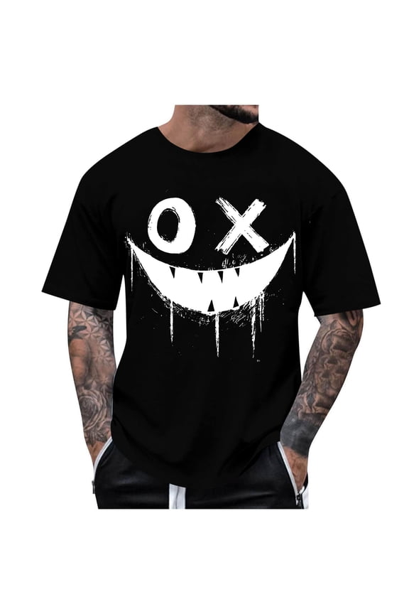 Men's Smile Face Graphic T-Shirt Soft Comfy Crewneck Short Sleeve Casual Tee Summer Loose Fit Shirts Streetwear Tops Black S
