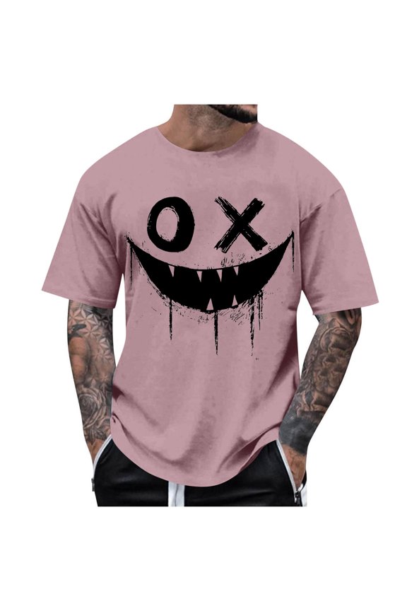 Men's Smile Face Graphic T-Shirt Soft Comfy Crewneck Short Sleeve Casual Tee Summer Loose Fit Shirts Streetwear Tops Pink S