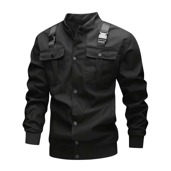 Dagegui Men's Snap-Front Jacket Stylish Stand Collar Coats Fall Bomber Jackets with Shoulder Straps Black S