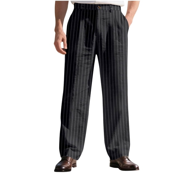 Dagegui Men's Striped Dress Pants Linen Straight Leg Work Pant Summer Button Waist Zip-Front Office Trousers with Pocket Black L