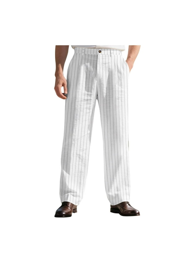 Men's Striped Dress Pants Linen Straight Leg Work Pant Summer Button Waist Zip-Front Office Trousers with Pocket White XXXL