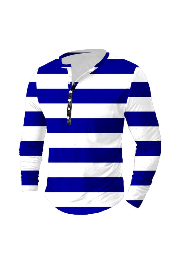 Men's Striped Henley Shirts Long Sleeve Tops Trendy Crewneck Button Pullover Tees Big and Tall Slim Fit Athletic T-Shirts Casual Fall Shirt Blue 4XL
