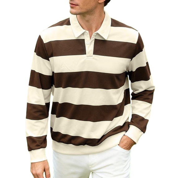 Dagegui Men's Striped Print Sweatshirts Long Sleeve Collared Preppy Shirts Lightweight Buttons Pullover Tops Spring Outfits Brown XS