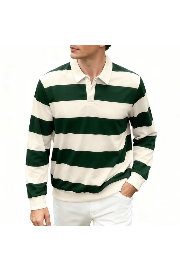 Men's Striped Print Sweatshirts Long Sleeve Collared Preppy Shirts Lightweight Buttons Pullover Tops Spring Outfits Green XS