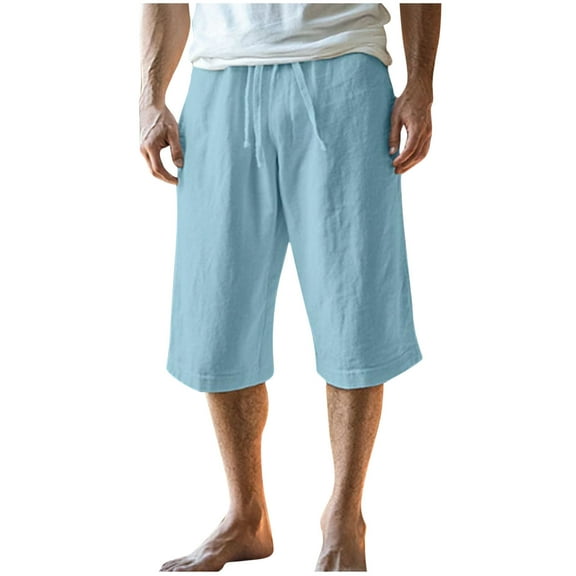 Dagegui Men's Summer Beach Shorts Cotton Linen Below Knee Cropped Pants Elastic Waist Casual Loose Fit Hawaiian Vacation Pant with Pockets Sky Blue S