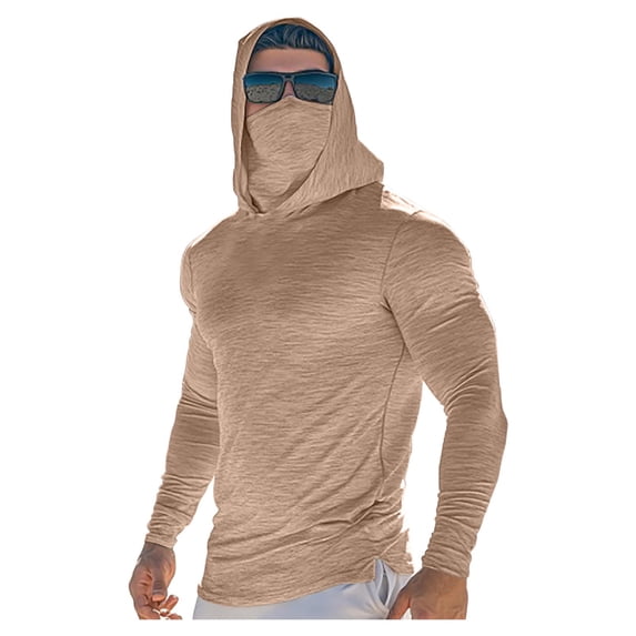 Dagegui Men's Sun Hoodie with Face Mask Protection UPF 50+ UV Long Sleeve Shirt Summer Rash Guard Performance Fishing Hiking Shirts Khaki XXL