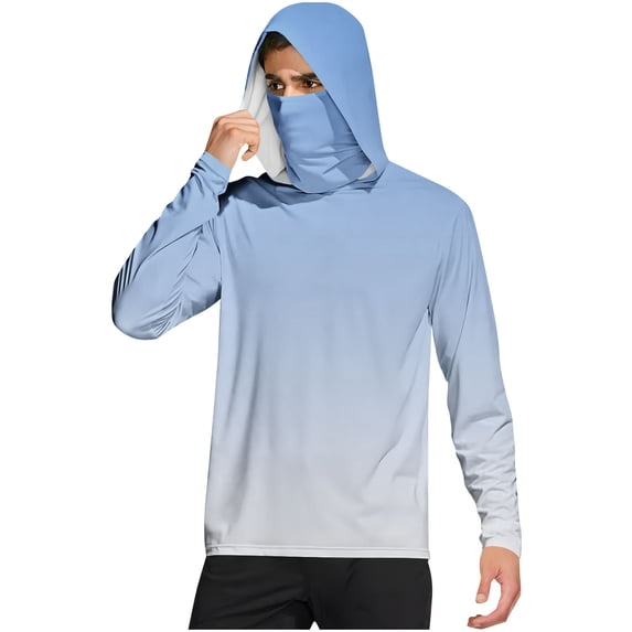 Dagegui Men's Sun Protection Hoodie Shirt UPF 50+ Rash Guards Long Sleeve UV Outdoor Fishing Running Athletic Shirts with Face Mask Light Blue XXL