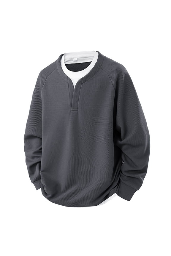 Men's Sweatshirt Waffle Crew Neck Long Sleeve Shirt Casual Loose Fit Pullover Tops Fake 2 Piece Gray XL