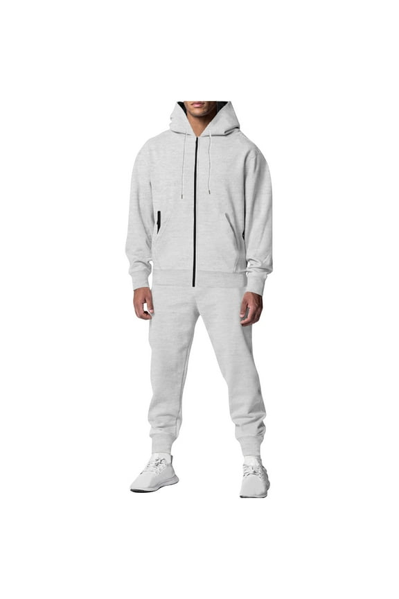Men's Sweatsuits 2 Piece Long Sleeve Full-Zip Hoodie Tracksuits Cotton Casual Sweatcoats and Sweatpants Set Solid Color Running Sport Sets Gray S