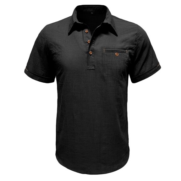 Dagegui Men's T Shirts Cotton Linen Short Sleeve Turndown Collar Shirt Solid Color Button Down Pullover Work Tee Summer Tops Black L