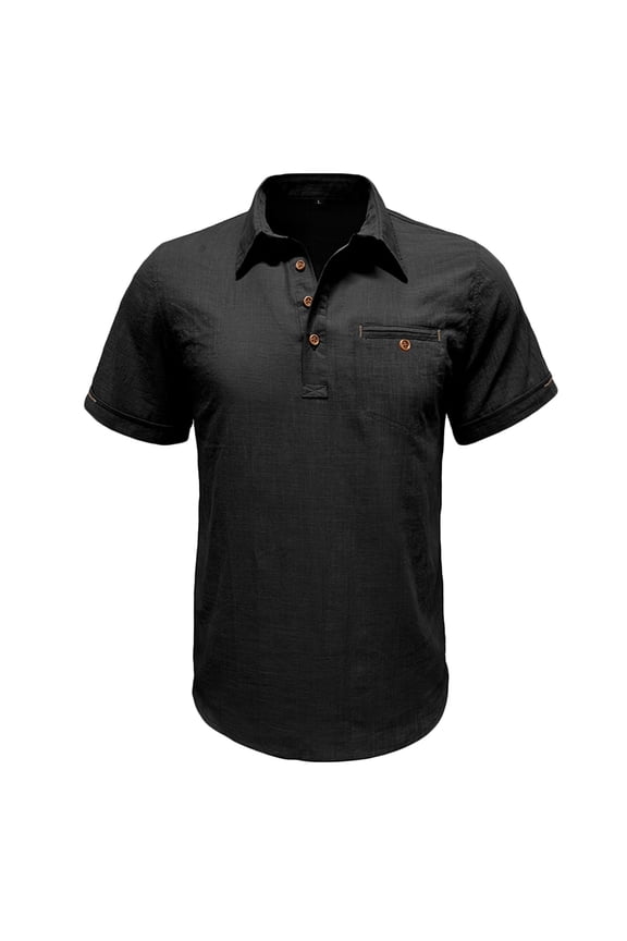 Men's T Shirts Cotton Linen Short Sleeve Turndown Collar Shirt Solid Color Button Down Pullover Work Tee Summer Tops Black S