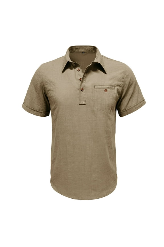 Men's T Shirts Cotton Linen Short Sleeve Turndown Collar Shirt Solid Color Button Down Pullover Work Tee Summer Tops Khaki S