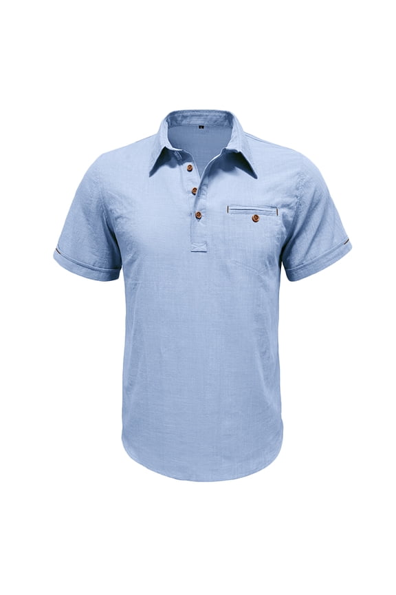 Men's T Shirts Cotton Linen Short Sleeve Turndown Collar Shirt Solid Color Button Down Pullover Work Tee Summer Tops Light Blue S