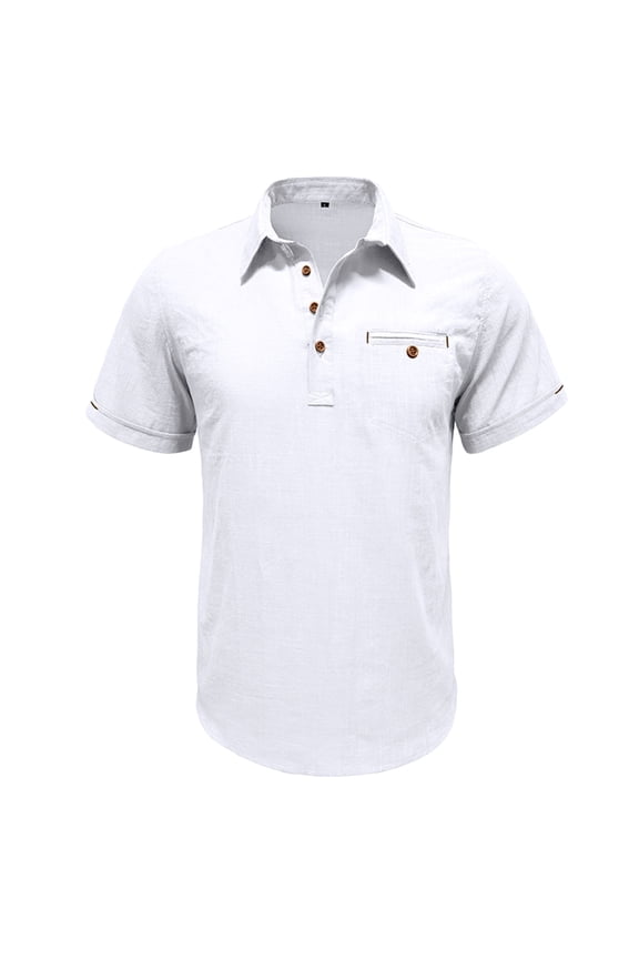 Men's T Shirts Cotton Linen Short Sleeve Turndown Collar Shirt Solid Color Button Down Pullover Work Tee Summer Tops White M
