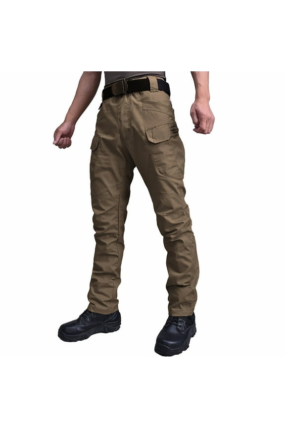 Men's Tactical Pants Outdoor Ripstop Cargo Pants Multi Pockets Work Hiking Pants No Belt Brown S
