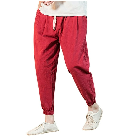 Dagegui Men's Tapered Pants Cotton Linen Elastic Waist Drawstring Pant Big and Tall Stretchy Bottom Pants with Pockets Casual Loose Fit Pants Red,XL