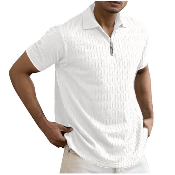 Dagegui Men's Textured Knit T Shirt White Short Sleeve Turndown Collar Tshirt 1/4 Zip Up Slim Fit Tops Summer Solid Color Pullover Tee M