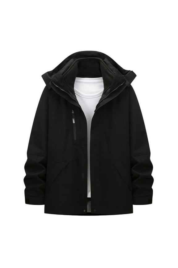 Men's Thick Hiking Jacket Waterproof Windbreaker with Pockets Outdoor Warm Camping Skiing Windproof Coat Black S