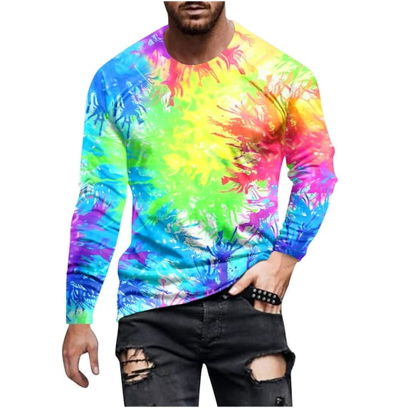 Dagegui Men's Tie Dye Shirts Trendy Long Sleeve Crew Neck T Shirt Big and Tall Outdoor Sport Tees Running Workout Athletic Tops Pullovers Yellow,XXXXXL