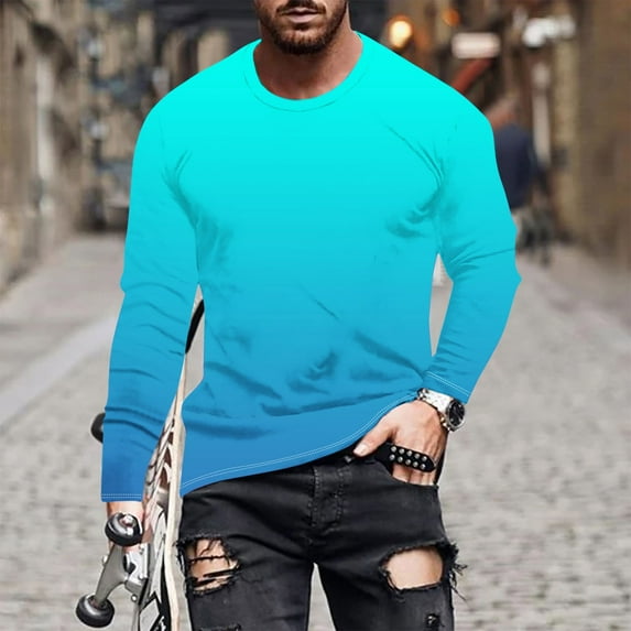 Dagegui Men's Tie Dye T-Shirts Long Sleeve Crew Neck Shirts Big and Tall Casual Loose Fit Shirt Funny Gradient Color Hawaiian Beach Pullover Tees Top Today Savings Sky Blue 2XL