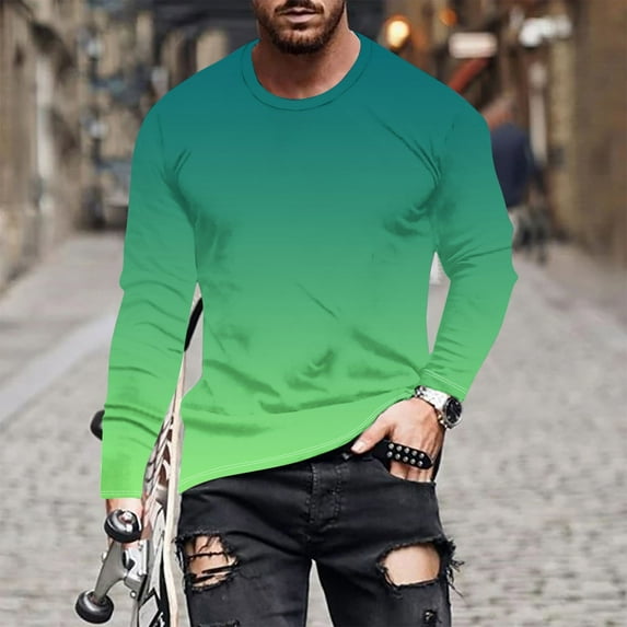 Dagegui Men's Tie Dye T-Shirts Long Sleeve Crew Neck Shirts Big and Tall Casual Loose Fit Shirt Funny Gradient Color Hawaiian Beach Pullover Tees Top Today Savings Green 5XL