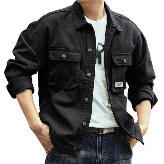 Dagegui Men's Trucker Jackets Zip Up Turndown Collar Coat Vintage Button Down Work Jacket with Pocket Black XL