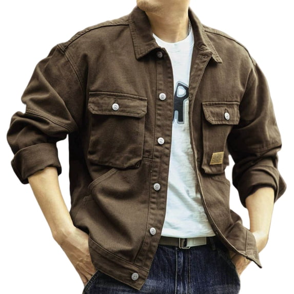 Dagegui Men's Trucker Jackets Zip Up Turndown Collar Coat Vintage Button Down Work Jacket with Pocket Coffee M