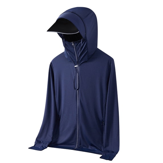 Dagegui Men's UPF 50+ Sun Protection Jacket Lightweight Full Zip Long Sleeve Hooded Tops Cooling Hiking Fishing Performance Shirts with Pocket Dark Blue XXL