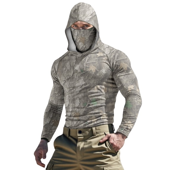 Dagegui Men's UPF 50+ Sun Shirts Quick Dry Long Sleeve UV Protection T-Shirt Outdoor Hiking Camping Tops Summer Hooded Tees with Built-In Face Mask 002 Camouflage XL