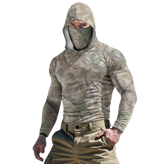 Dagegui Men's UPF 50+ Sun Shirts Quick Dry Long Sleeve UV Protection T-Shirt Outdoor Hiking Camping Tops Summer Hooded Tees with Built-In Face Mask 004 Camouflage XXXL