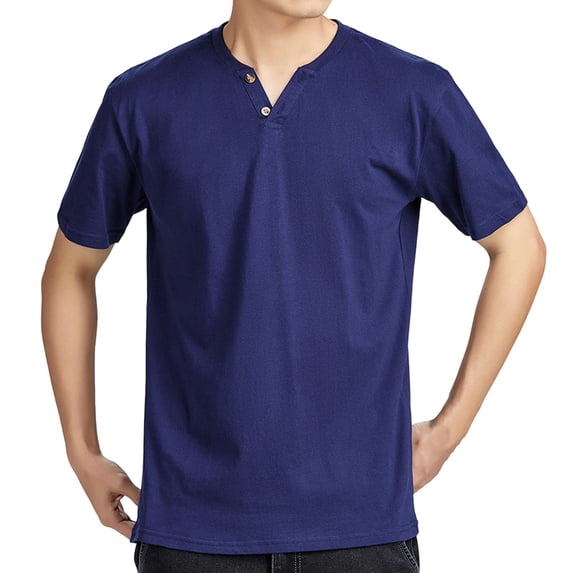 Dagegui Men's V-Neck Henley Shirts Cotton Navy Short Sleeve 2 Button Pullover Slim Fit Tee Solid Color Casual Breathable T-Shirt 3X