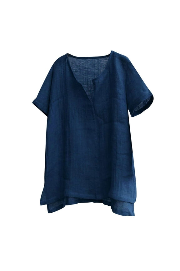 Men's V Neck Linen T Shirts Summer Short Sleeve Shirt Casual Plain Yoga Boho Beach Tops Lightweight Breathable Everyday Tee Blue L
