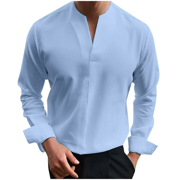 Dagegui Men's V Neck Long Sleeve Shirts Solid Formal Business Work Tops Lightweight Fall Pullover Tees Blue XXL
