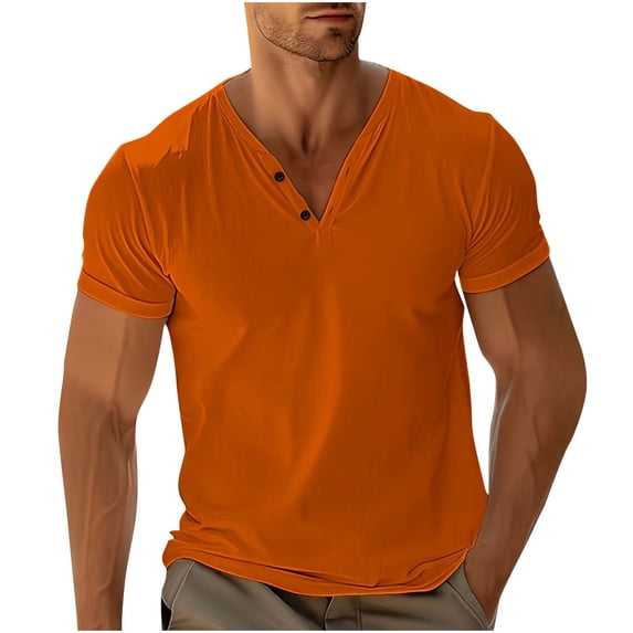 Dagegui Men's V-Neck Orange T Shirt Cotton Short Sleeve Summer Basic T-Shirt Solid Color Slim Fit Workout Muscle Gym Tee Tops L
