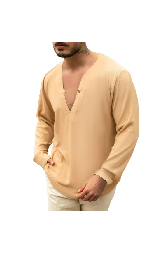 Men's V-Neck Shirts Linen Long Sleeve Casual Shirt Solid Color Summer Pullover Comfy Breathable Beach Tops Khaki XL