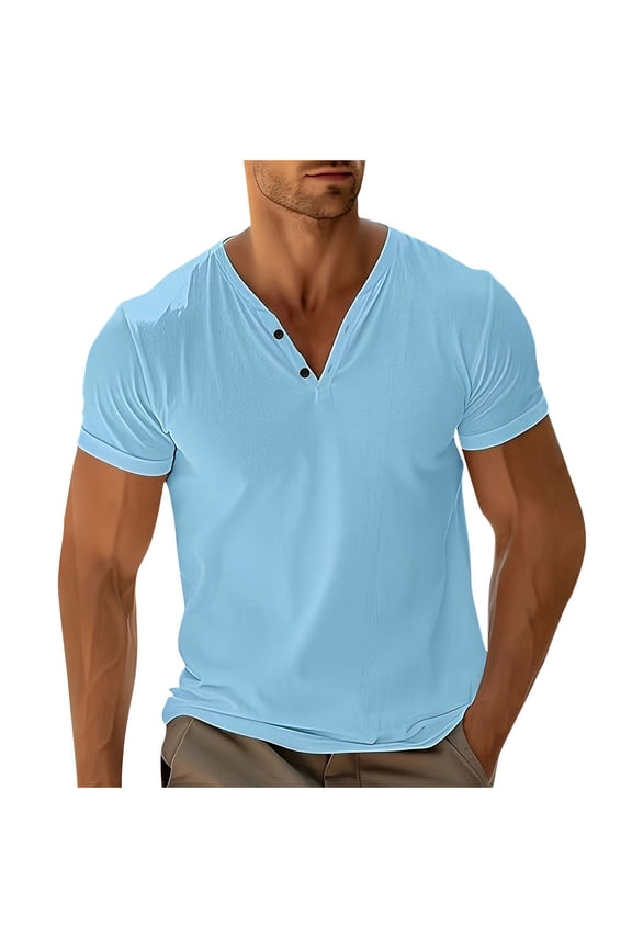 Men's V-Neck Sky Blue T Shirt Cotton Short Sleeve Summer Basic T-Shirt Solid Color Slim Fit Workout Muscle Gym Tee Tops 2X