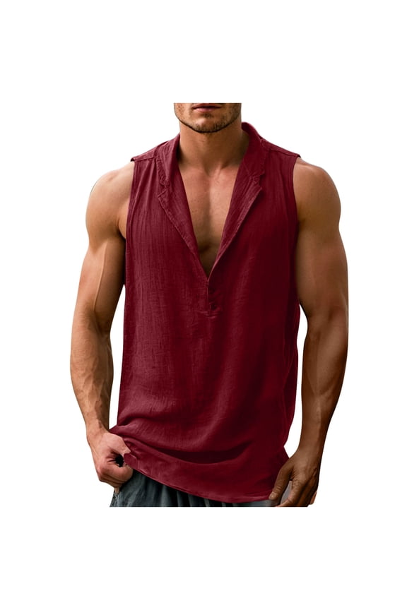 Men's V-Neck Sleeveless Shirts Linen Casual Tank Tops Solid Color Casual Everyday Vest Soft Comfy Summer Tanks Wine S