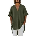thumbnail image 1 of Dagegui Men's V-Neck T Shirts Linen Short Sleeve Summer Tee Casual Loose Fit Pullover Top Solid Color Daily Beach Shirt Tops Army Green S, 1 of 6