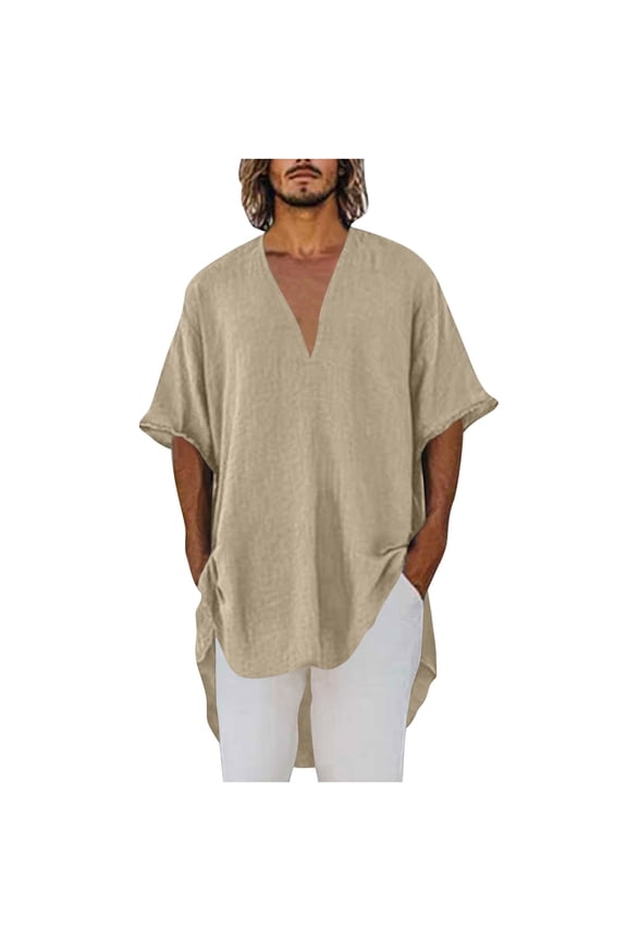 Men's V-Neck T Shirts Linen Short Sleeve Summer Tee Casual Loose Fit Pullover Top Solid Color Daily Beach Shirt Tops Khaki M