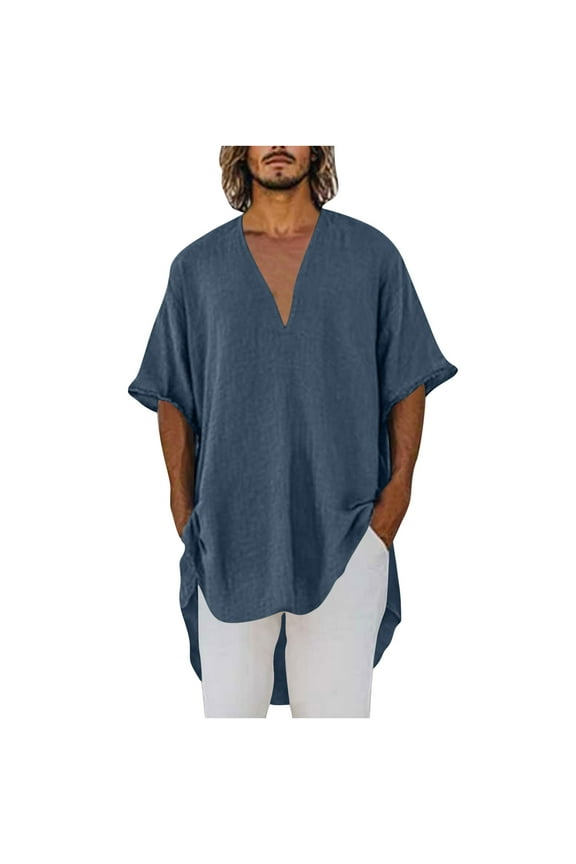 Men's V-Neck T Shirts Linen Short Sleeve Summer Tee Casual Loose Fit Pullover Top Solid Color Daily Beach Shirt Tops Navy S