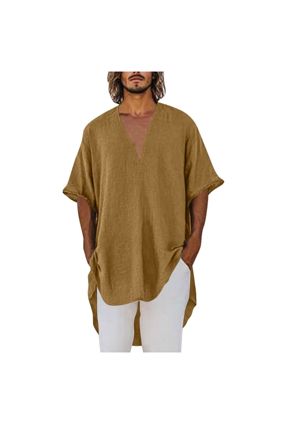 Men's V-Neck T Shirts Linen Short Sleeve Summer Tee Casual Loose Fit Pullover Top Solid Color Daily Beach Shirt Tops Yellow M