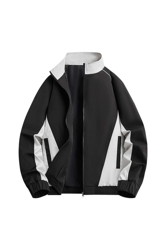 Men's Varsity Jacket Patchwork Stand Collar Motorcycle Jackets Full Zip Up Streetwear Coats with Pocket Black XXXL