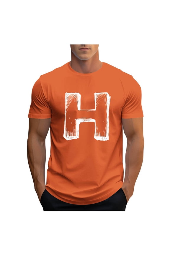 Men's Varsity Jersey T-Shirts Letter H Graphic Tee Summer Crewneck Short Sleeve Tops Lightweight Outdoor Athletic Shirts Orange XXXL
